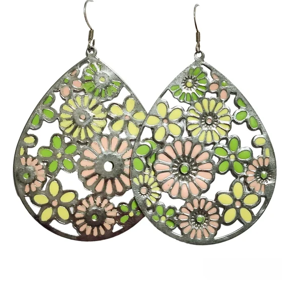 Flower 🌼 enamel dangle silver hooks Earrings - Picture 1 of 9
